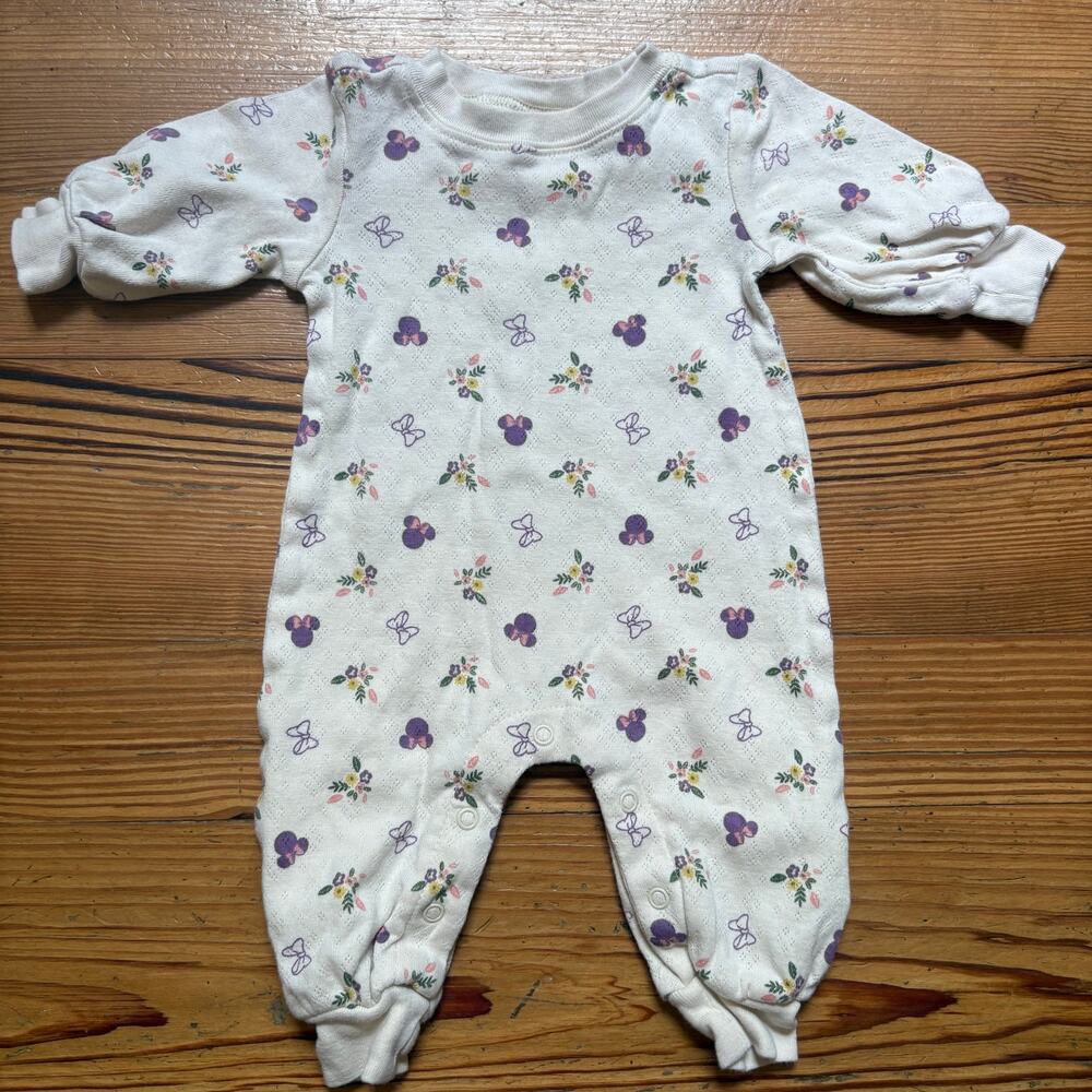 Disney Baby Minnie Mouse floral beige long sleeve cotton pajamas SIZE 0-3M‎